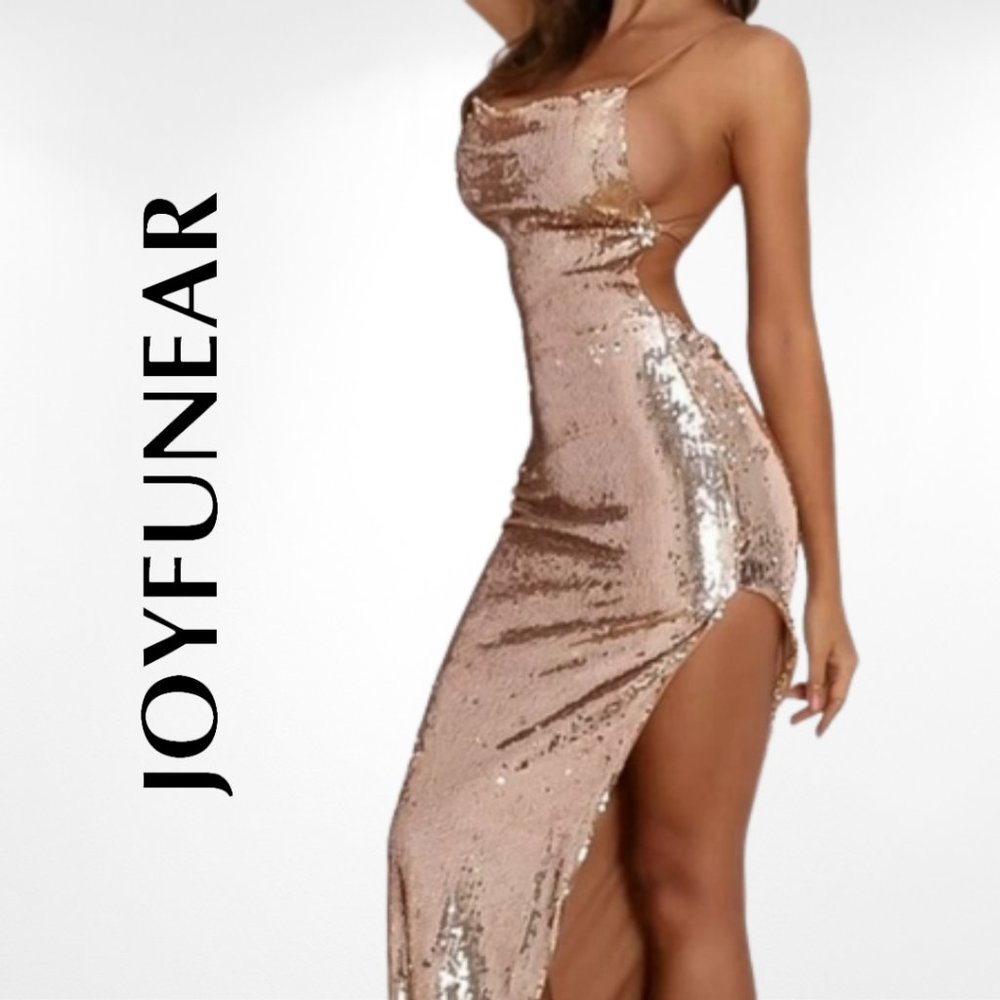 Gold Lace Up Backless Sequin Cami Dress